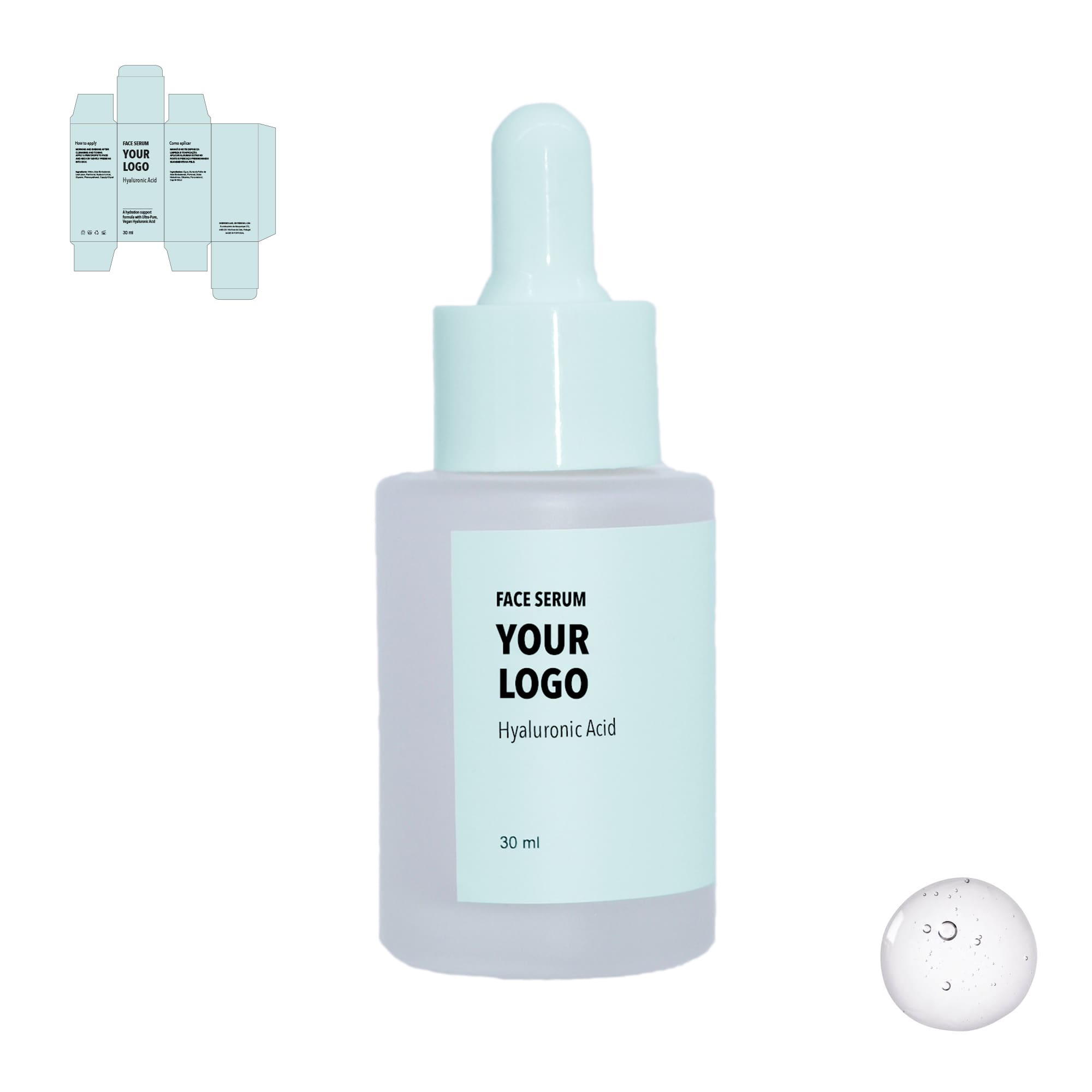 Custom Face Serum Hyaluronic Acid with blue label by a private label cosmetic manufacturer in Europe