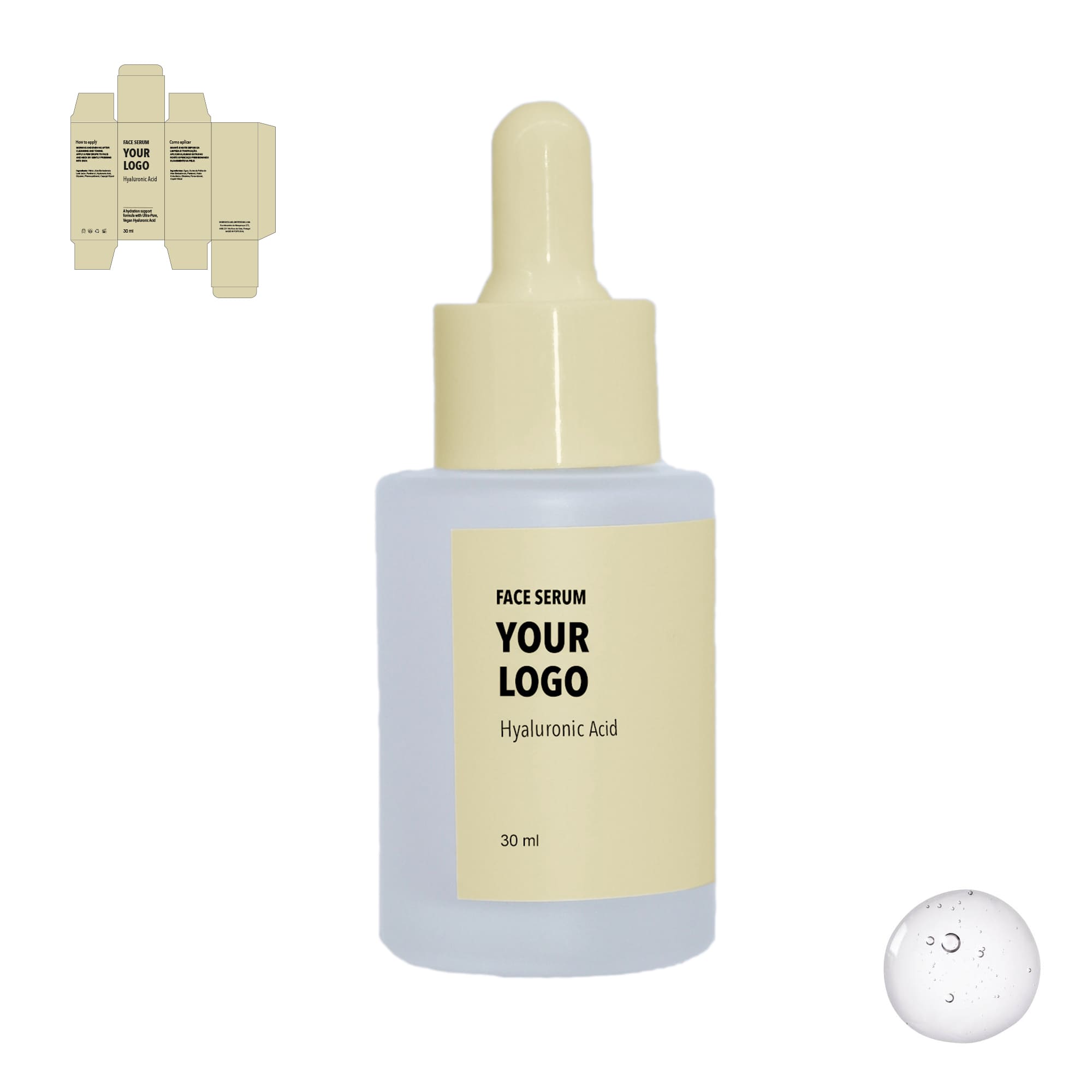 Custom Face Serum Hyaluronic Acid with yellow label by a private label cosmetic manufacturer in Europe