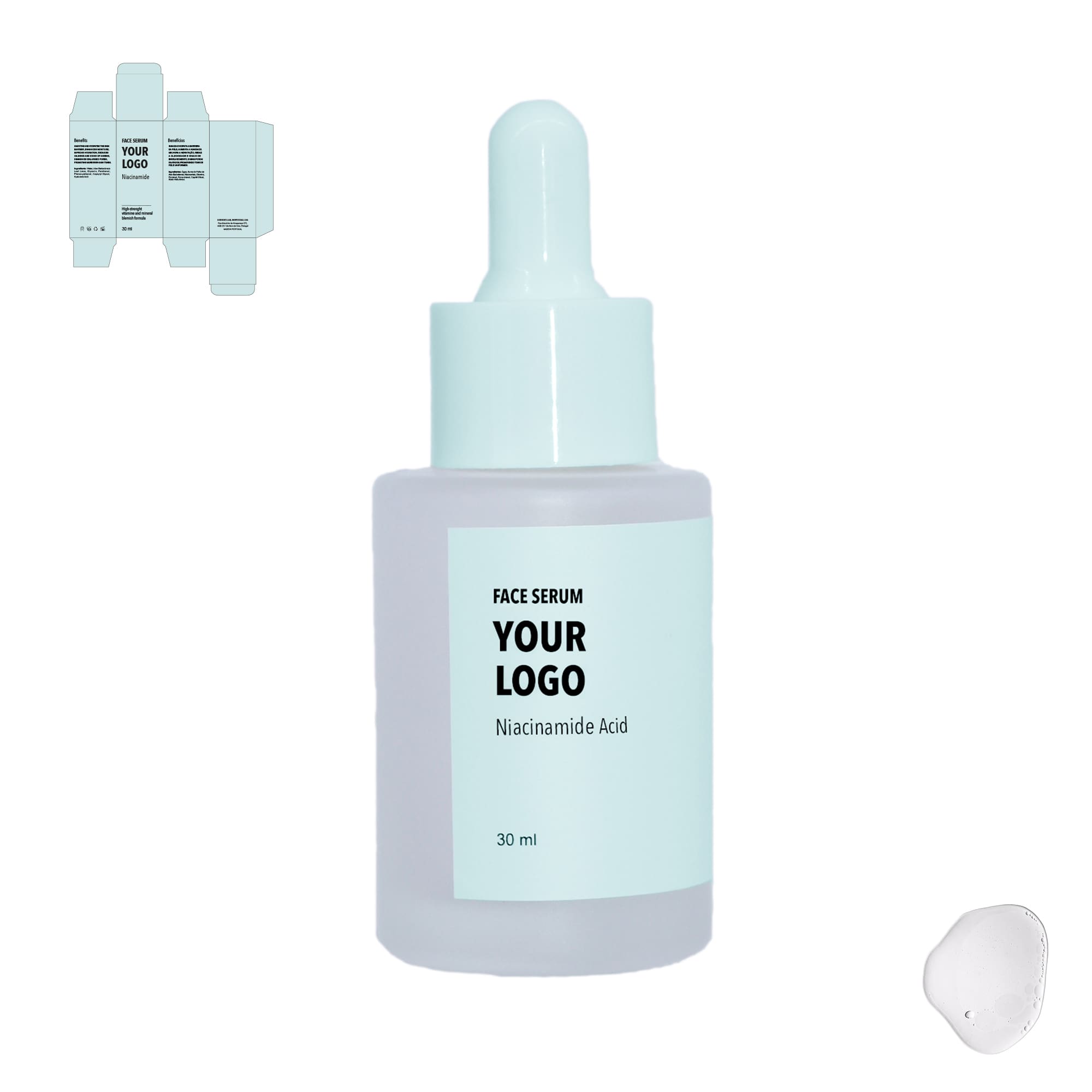 Custom Face Serum Niacinamide with blue label by a private label cosmetic manufacturer in Europe