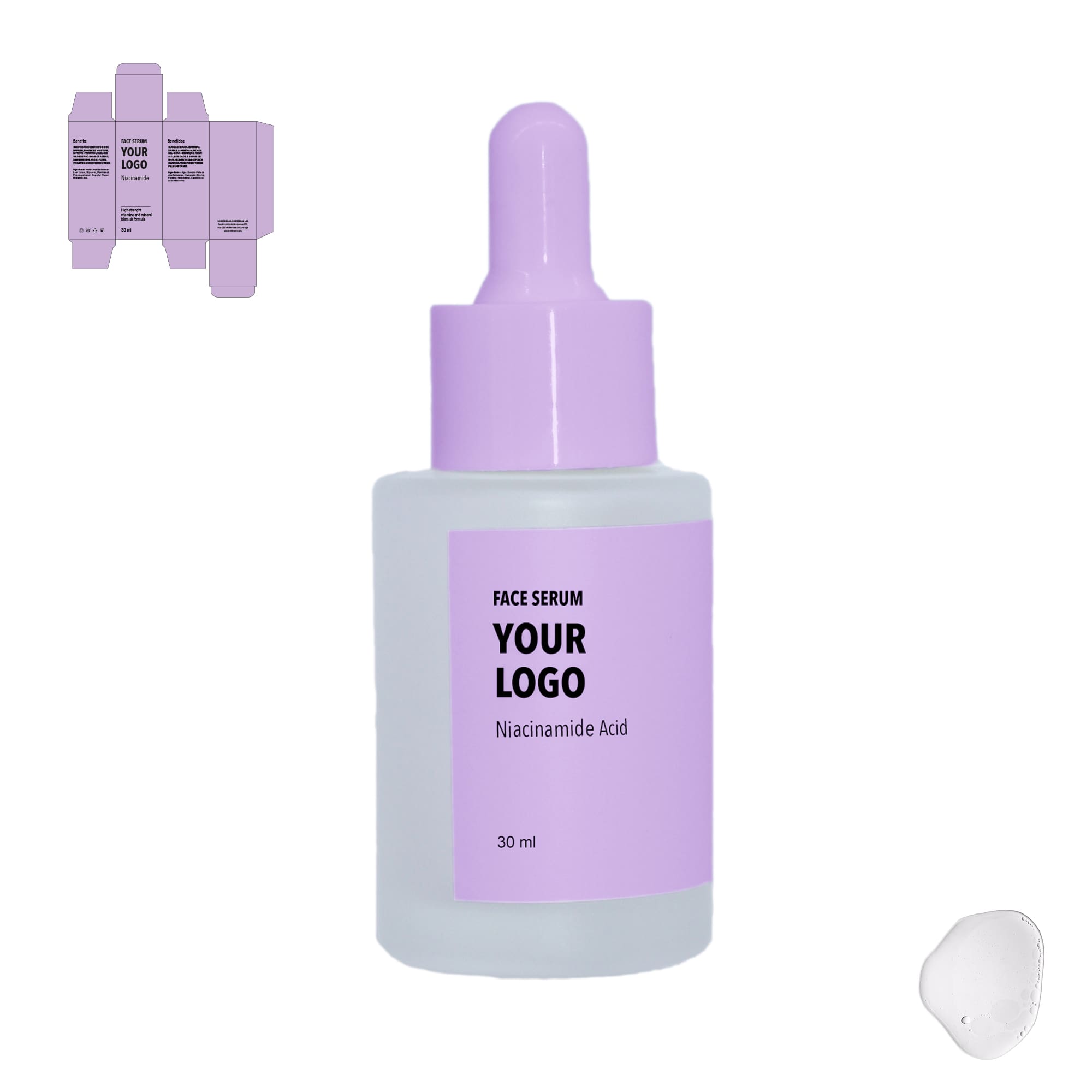 Custom Face Serum Niacinamide with purple label by a private label cosmetic manufacturer in Europe