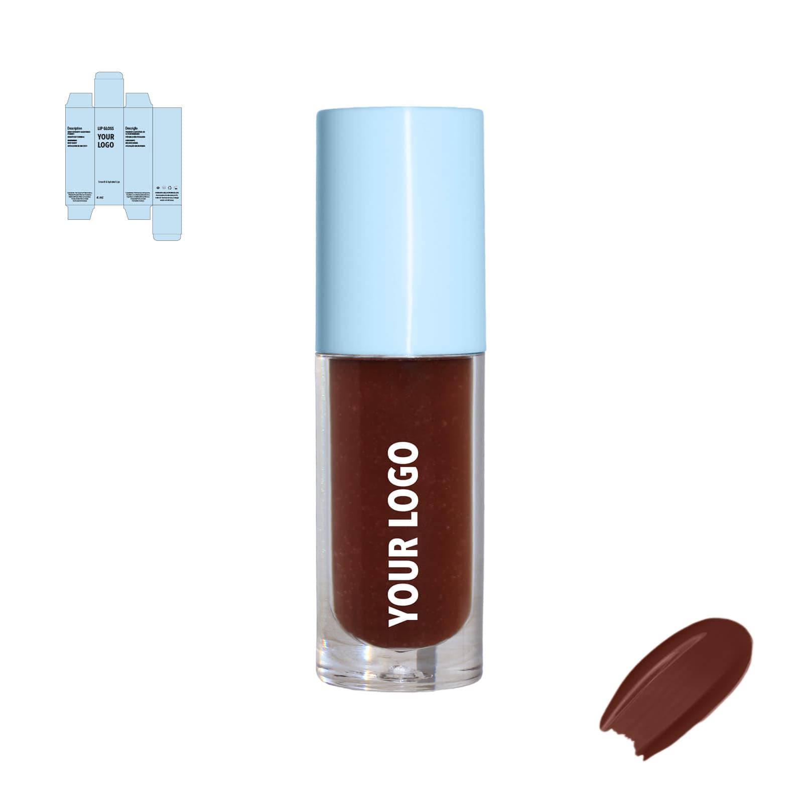 Custom lip gloss with brown shade and blue packaging by a private label cosmetic manufacturer in Europe