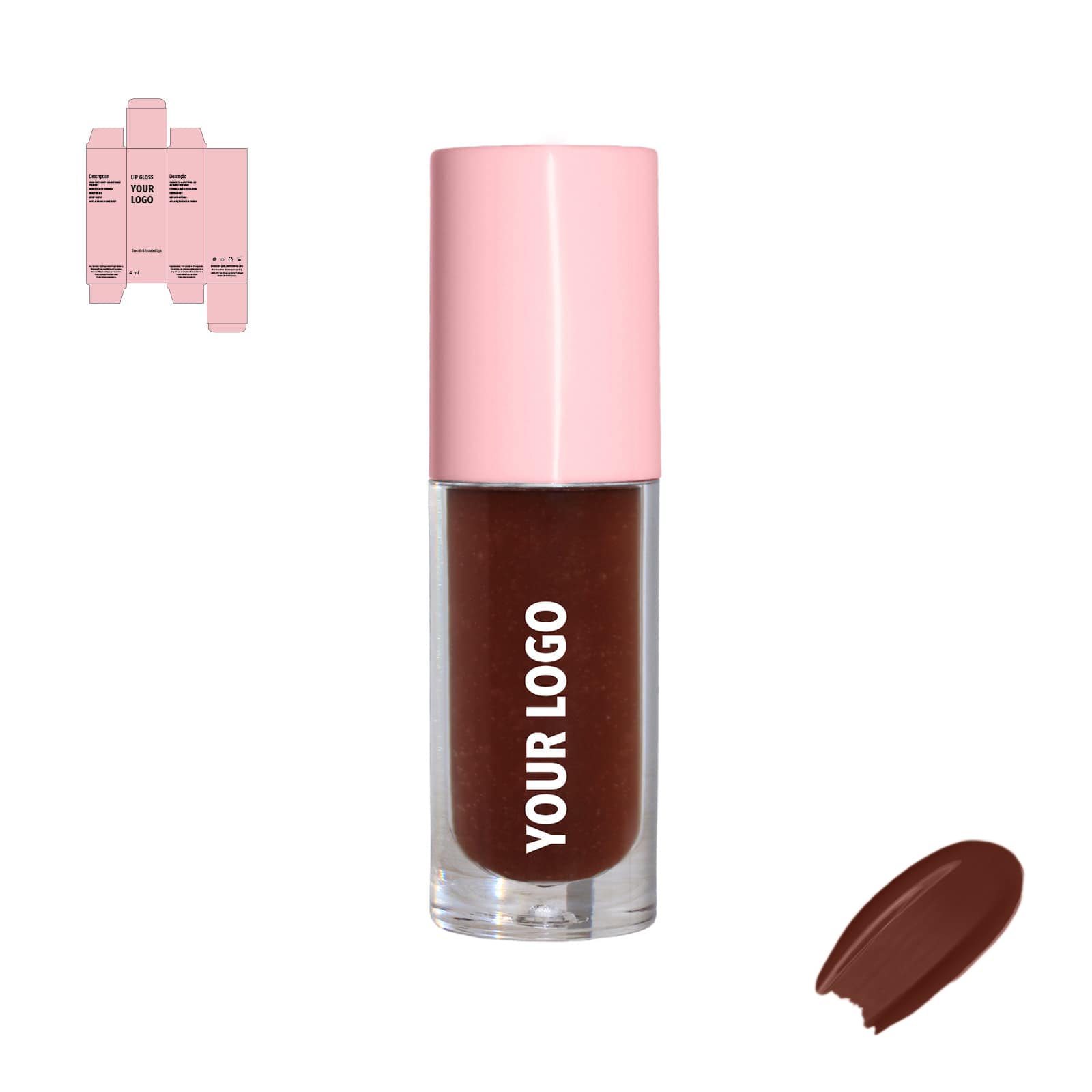 Custom lip gloss with brown shade and pink packaging by a private label cosmetic manufacturer in Europe