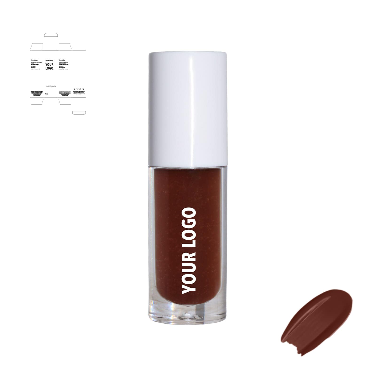 Custom lip gloss with brown shade and white packaging by a private label cosmetic manufacturer in Europe