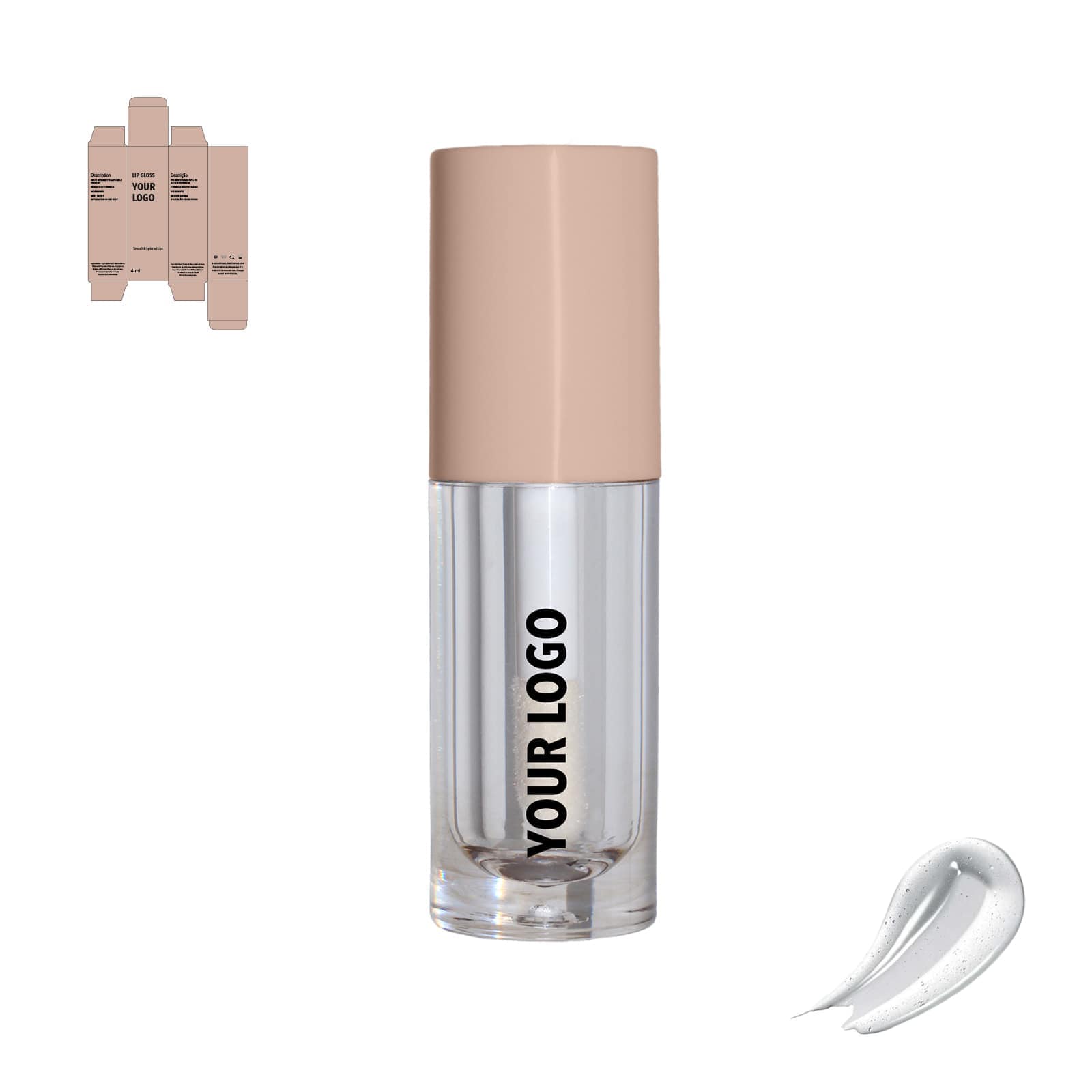 Custom lip gloss with clear shade and brown packaging by a private label cosmetic manufacturer in Europe