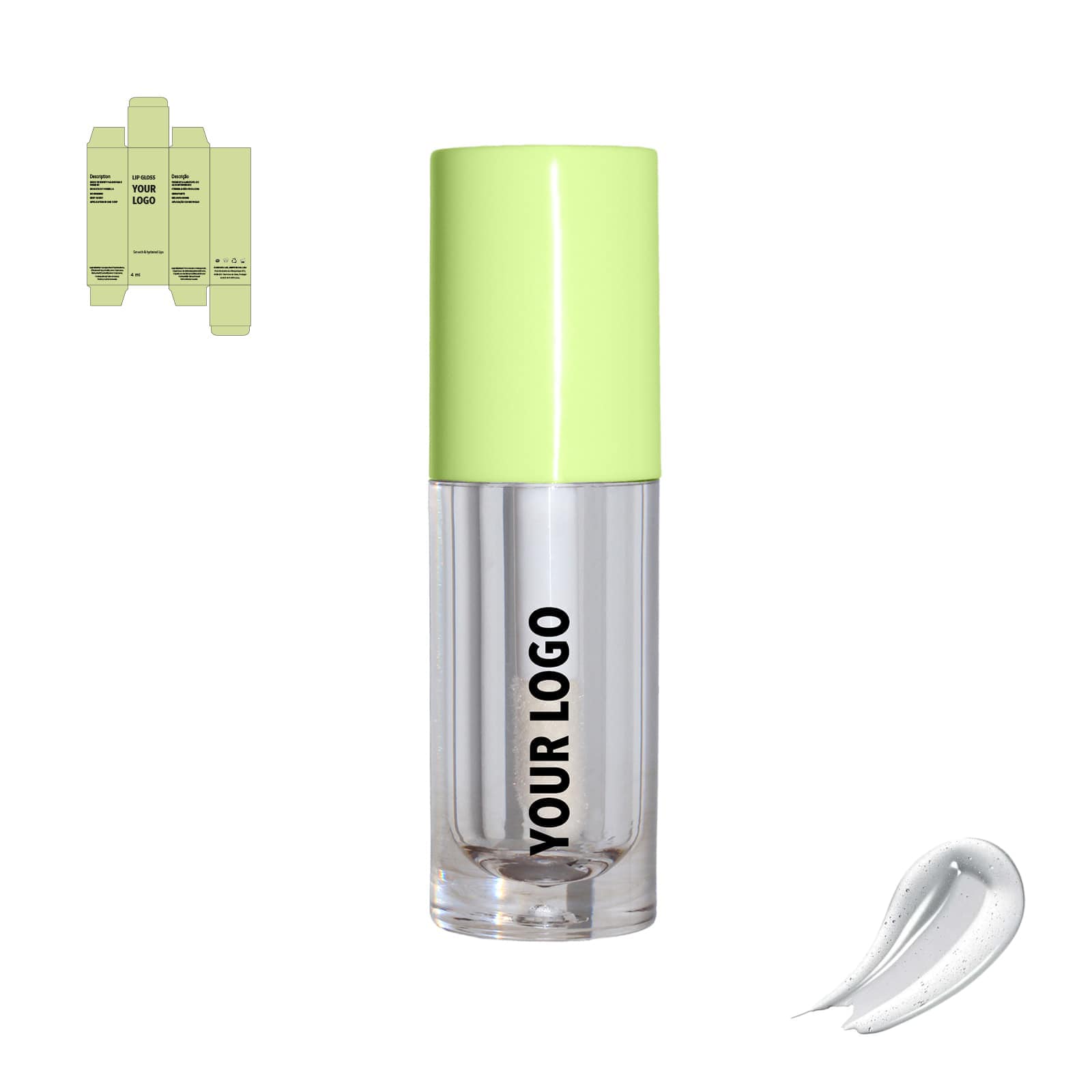 Custom lip gloss with clear shade and green packaging by a private label cosmetic manufacturer in Europe