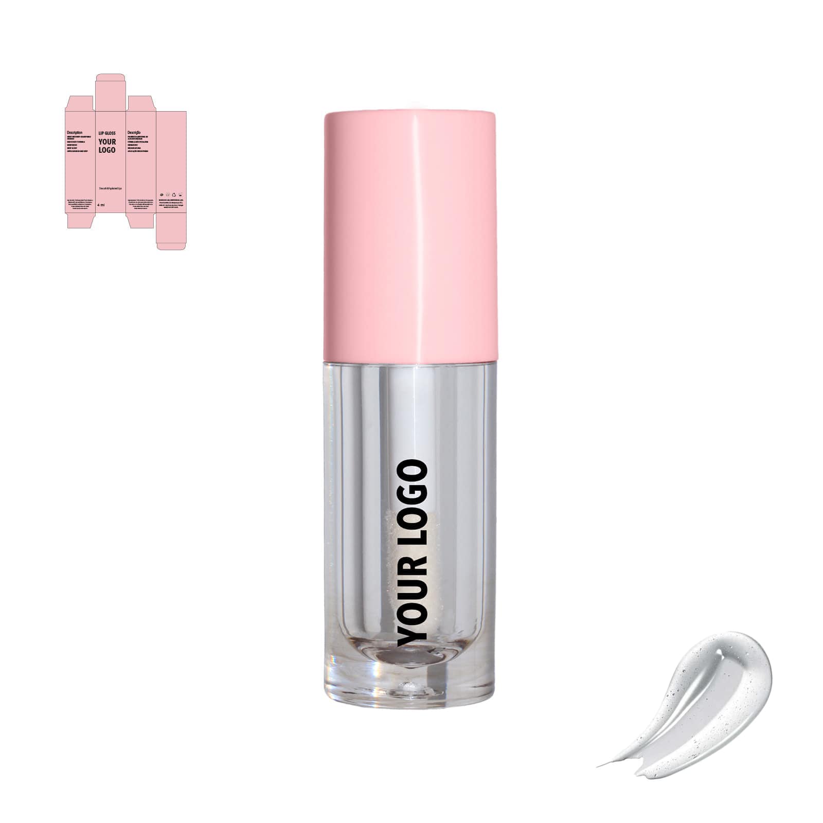 Custom lip gloss with clear shade and pink packaging by a private label cosmetic manufacturer in Europe