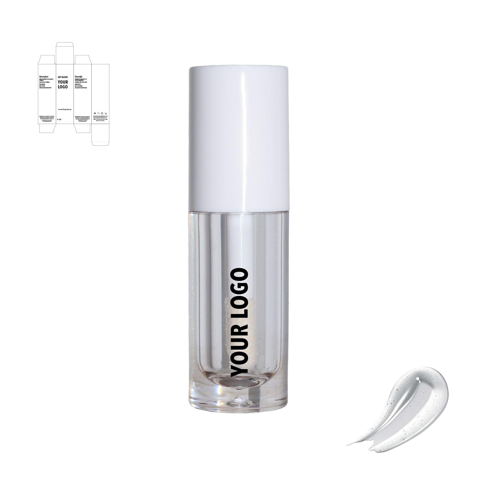 Custom lip gloss with clear shade and white packaging by a private label cosmetic manufacturer in Europe