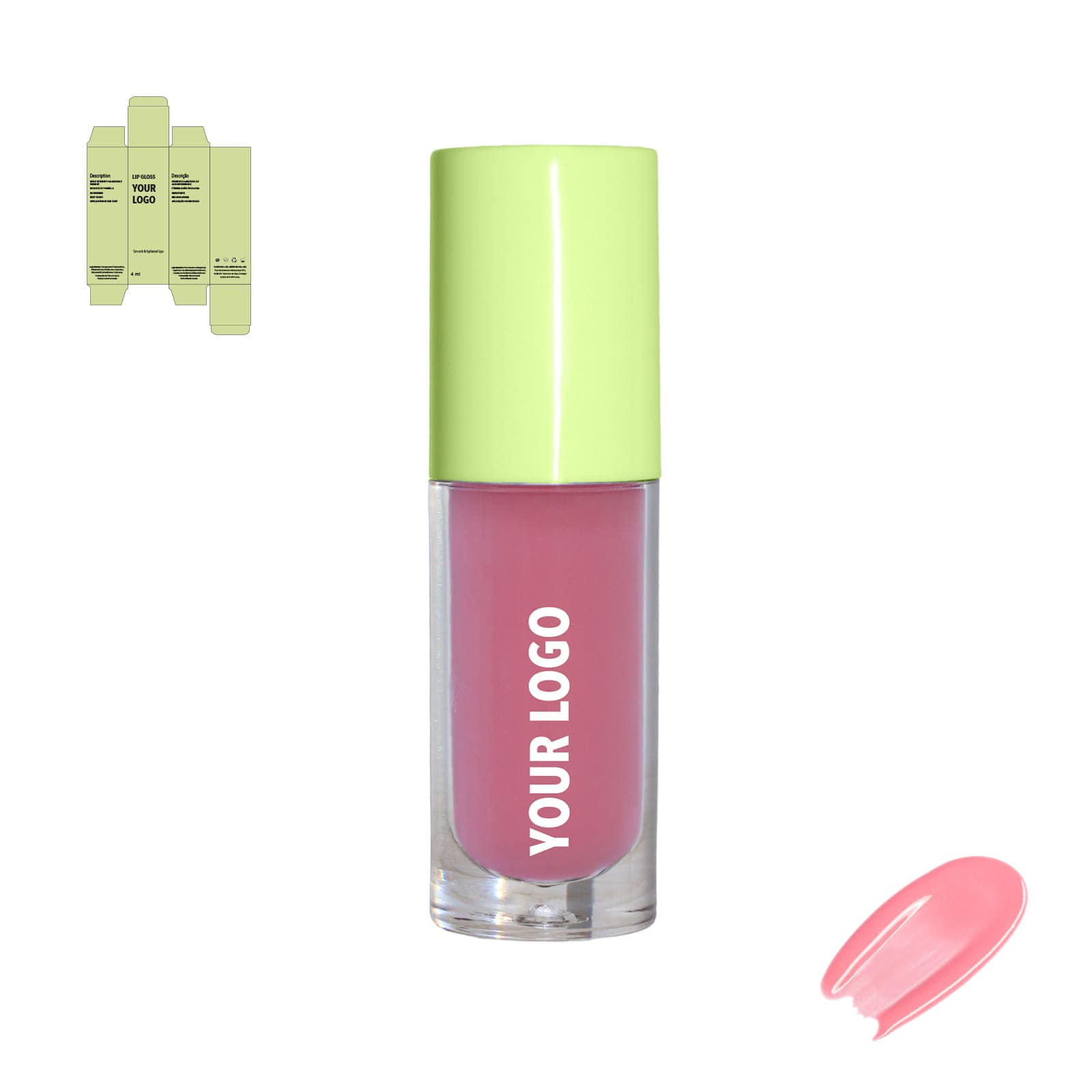 Custom lip gloss with pink shade and green packaging by a private label cosmetic manufacturer in Europe