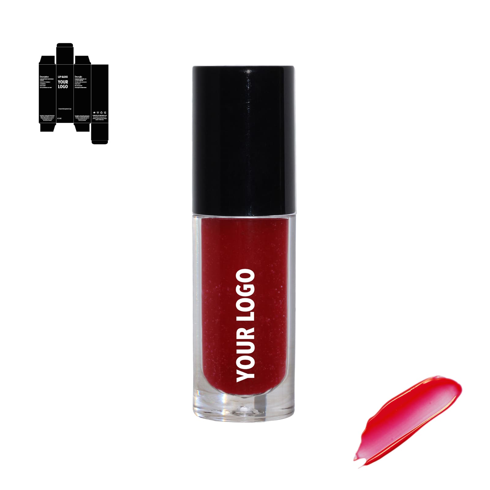 Custom lip gloss with red shade and black packaging by a private label cosmetic manufacturer in Europe