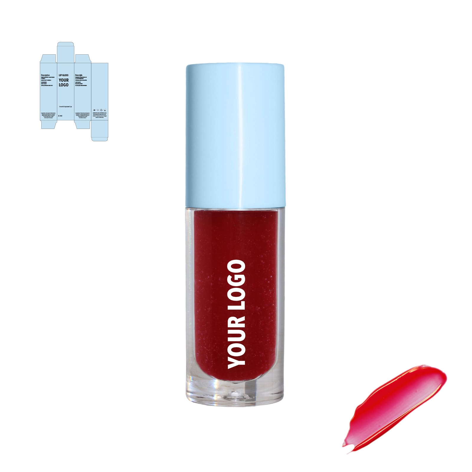 Custom lip gloss with red shade and blue packaging by a private label cosmetic manufacturer in Europe