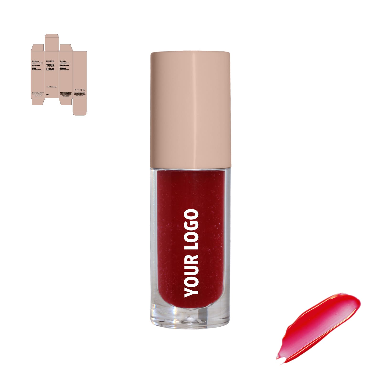 Custom lip gloss with red shade and brown packaging by a private label cosmetic manufacturer in Europe