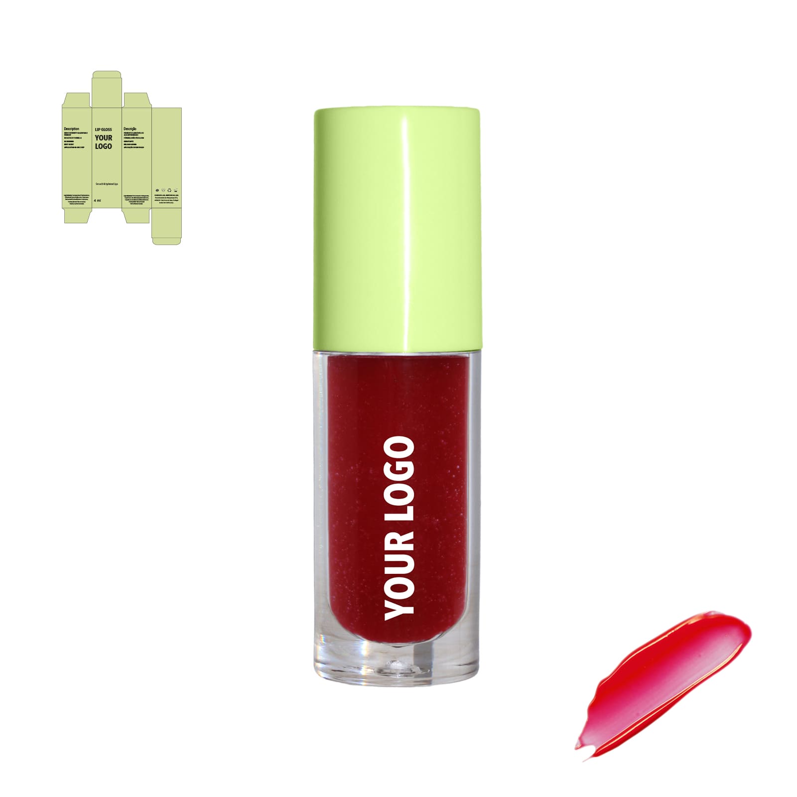 Custom lip gloss with red shade and green packaging by a private label cosmetic manufacturer in Europe