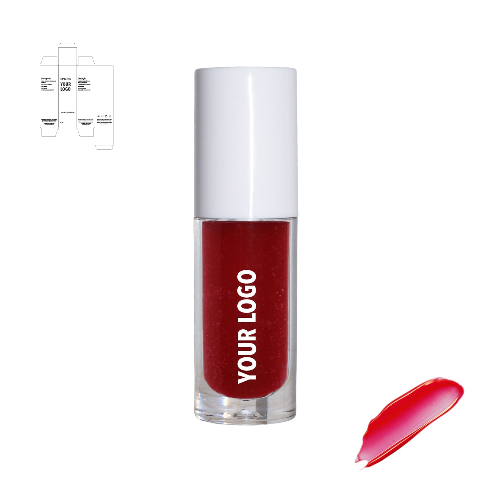 Custom lip gloss with red shade and white packaging by a private label cosmetic manufacturer in Europe