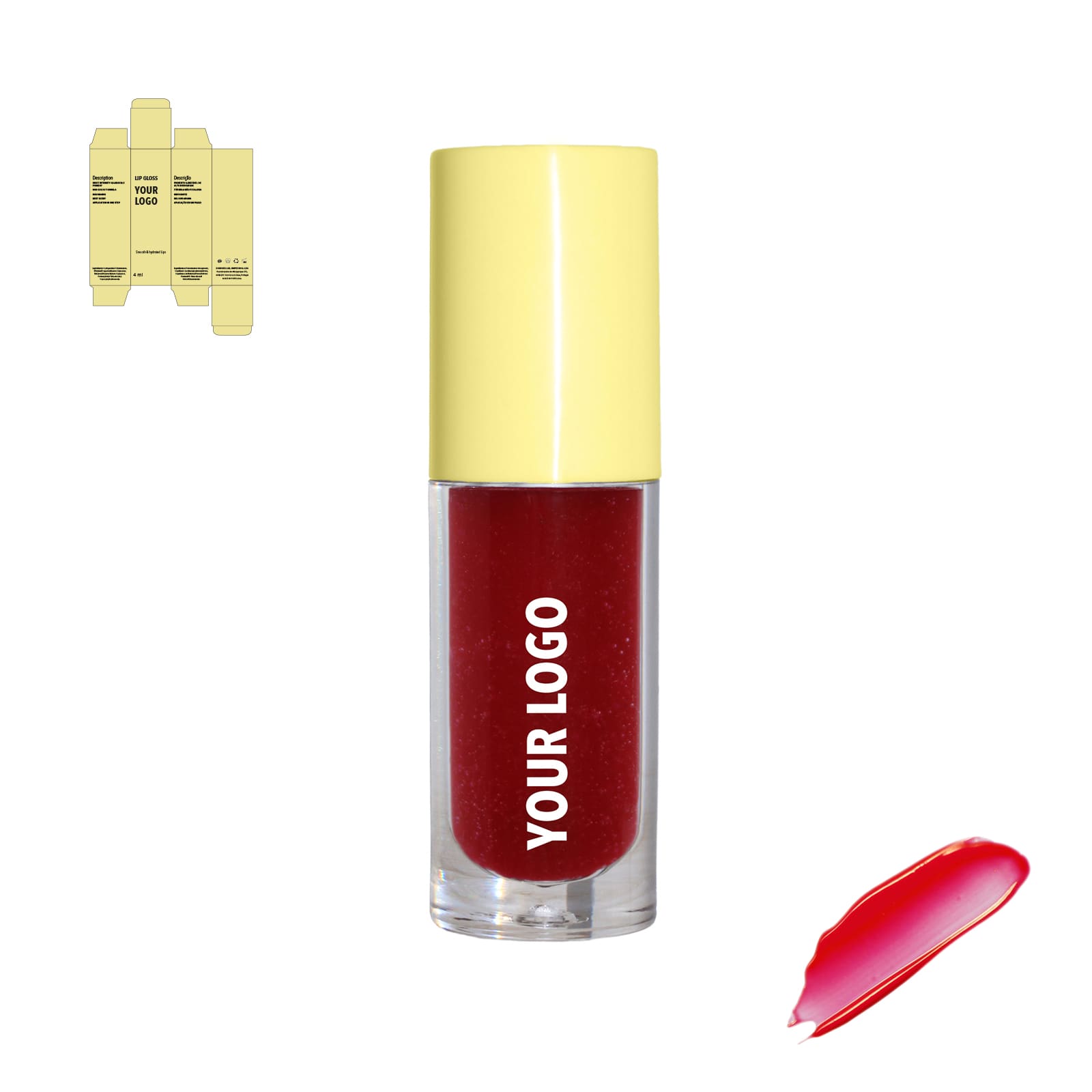 Custom lip gloss with red shade and yellow packaging by a private label cosmetic manufacturer in Europe