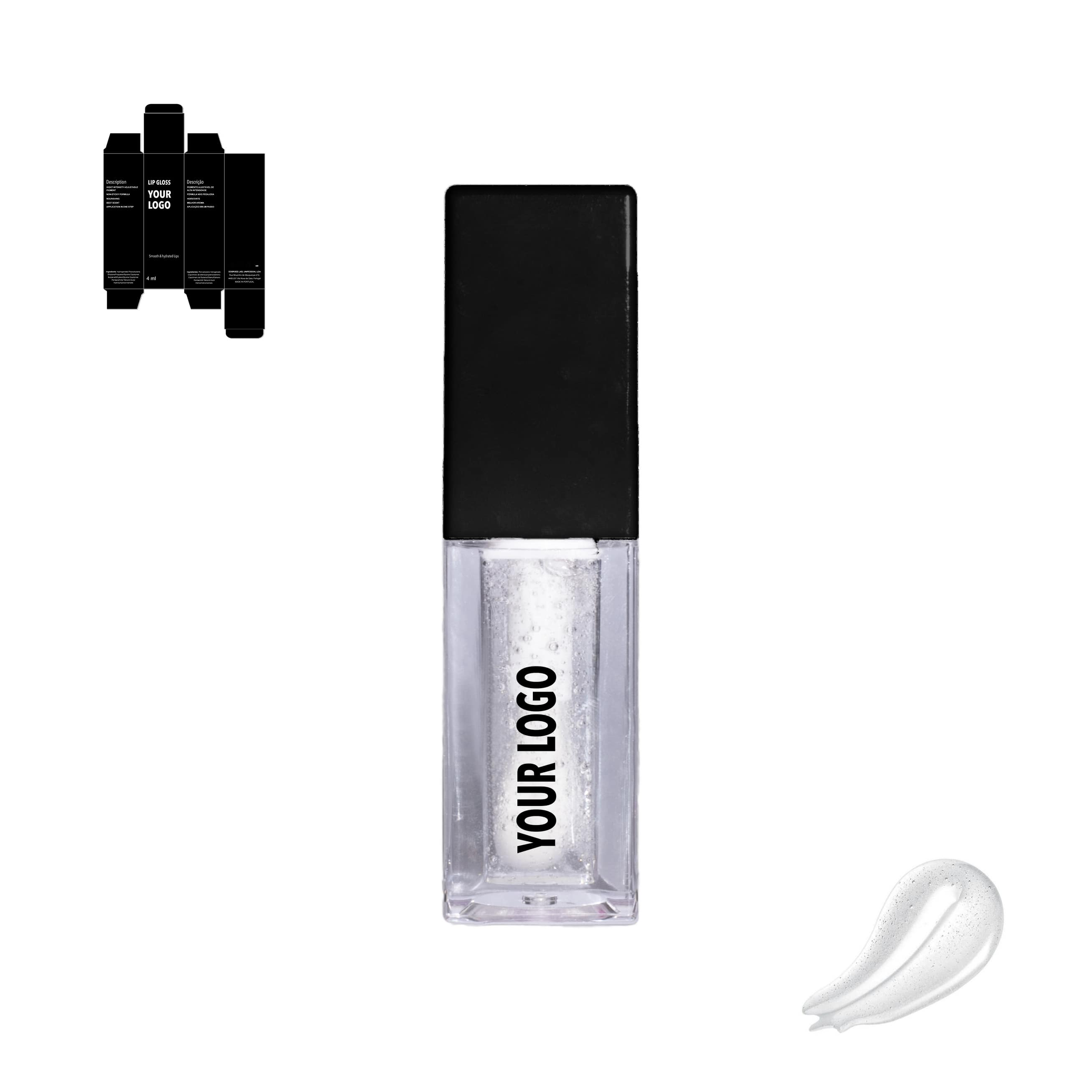 Custom lip oil clear with black packaging by a private label cosmetic manufacturer in Europe. Luxury lip care.