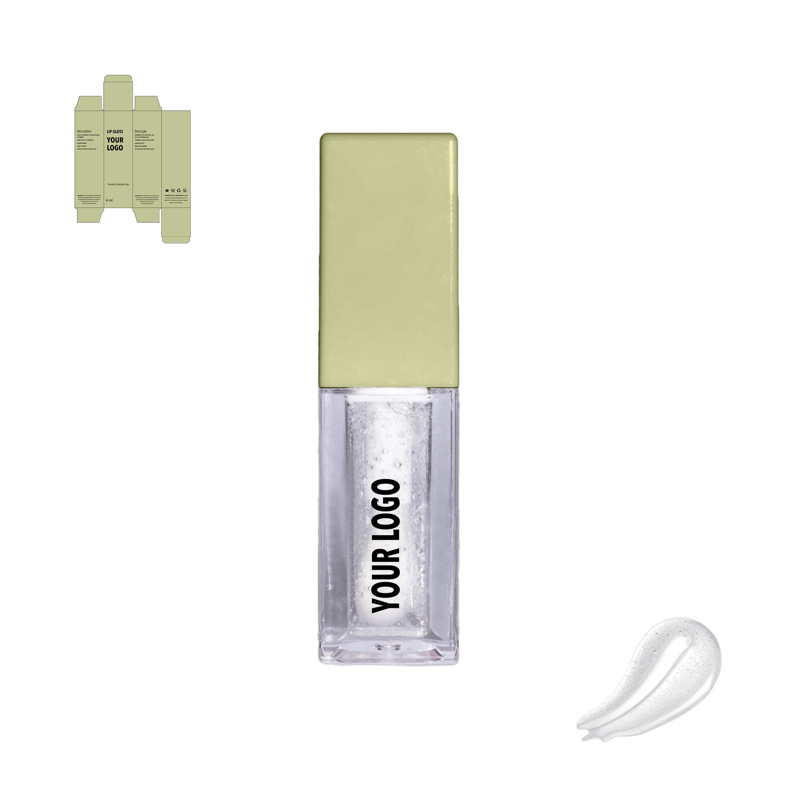 Custom lip oil clear with green packaging by a private label cosmetic manufacturer in Europe. Vegan and sustainable.