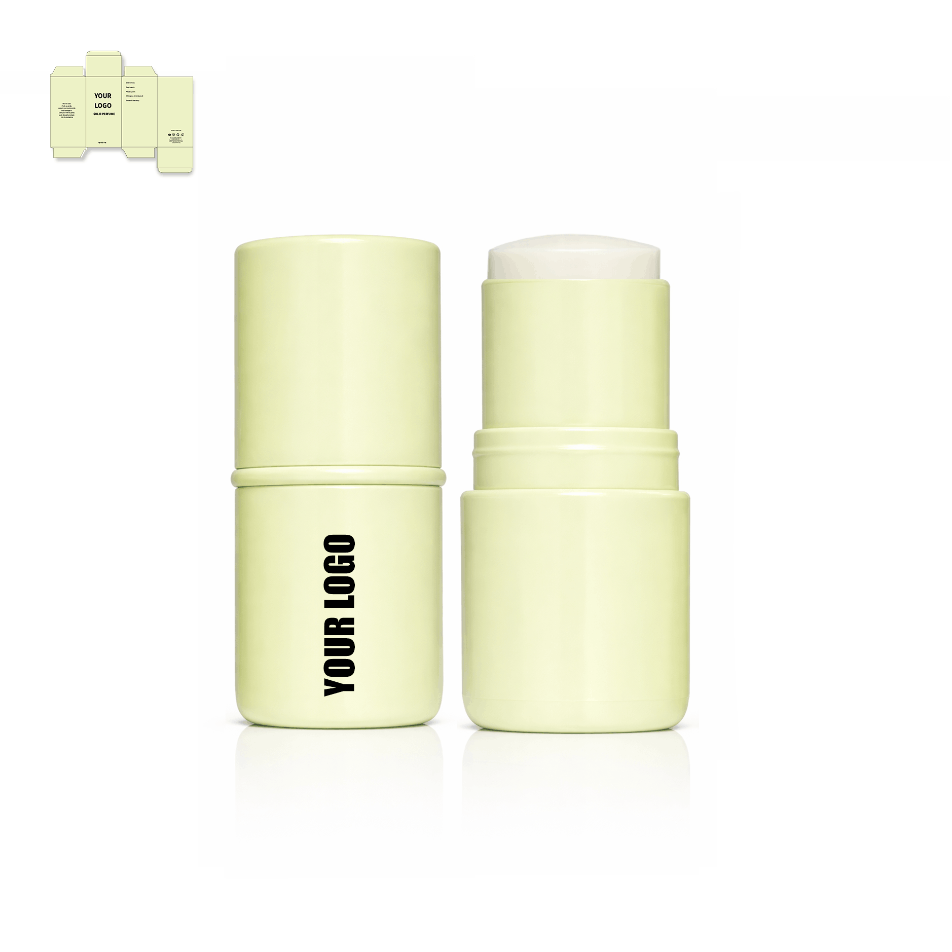 private label solid perfume stick with green packaging. Perfumes supplier and manufacturer.