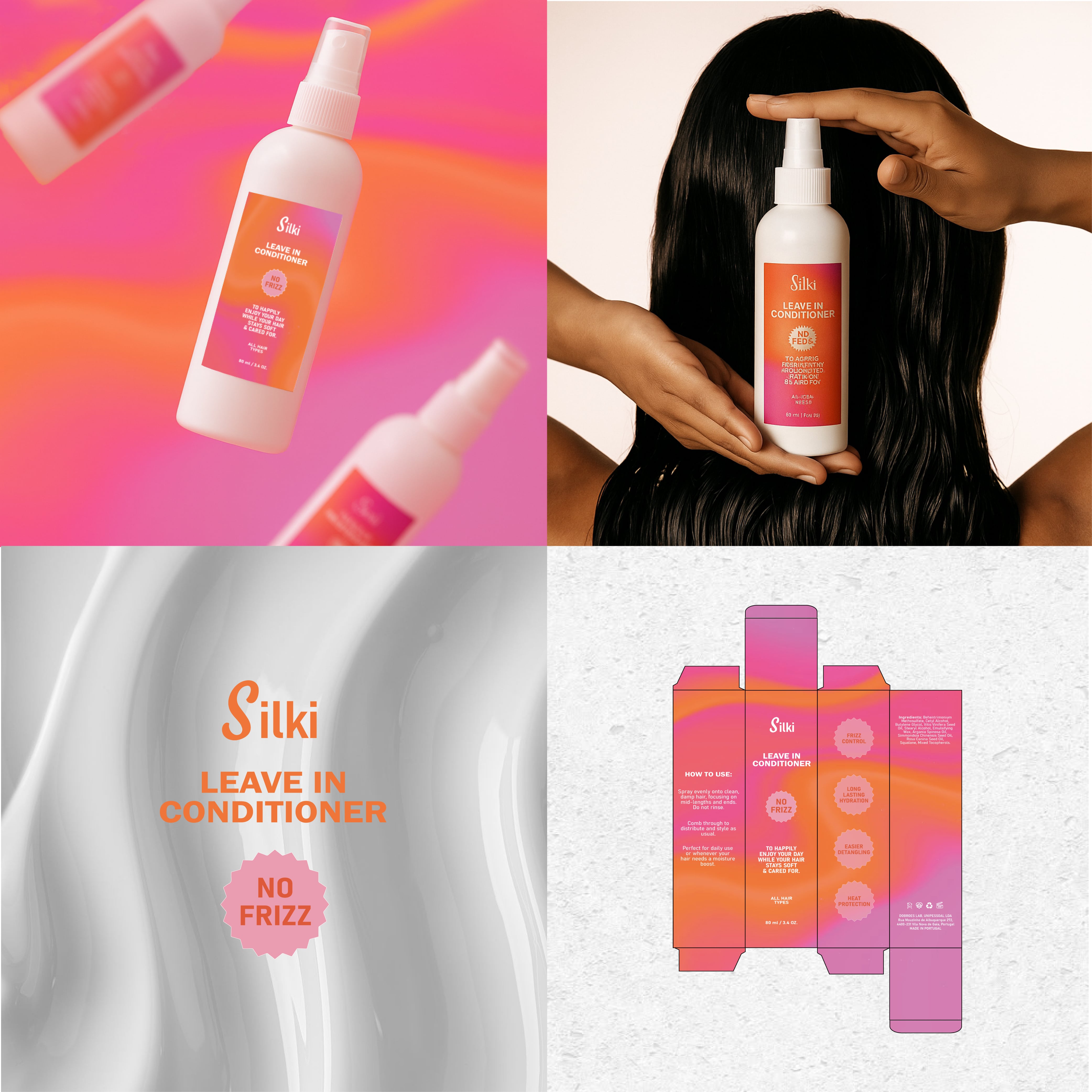 Silki leave-in conditioner bottle, packaging, and person using it on a colorful background