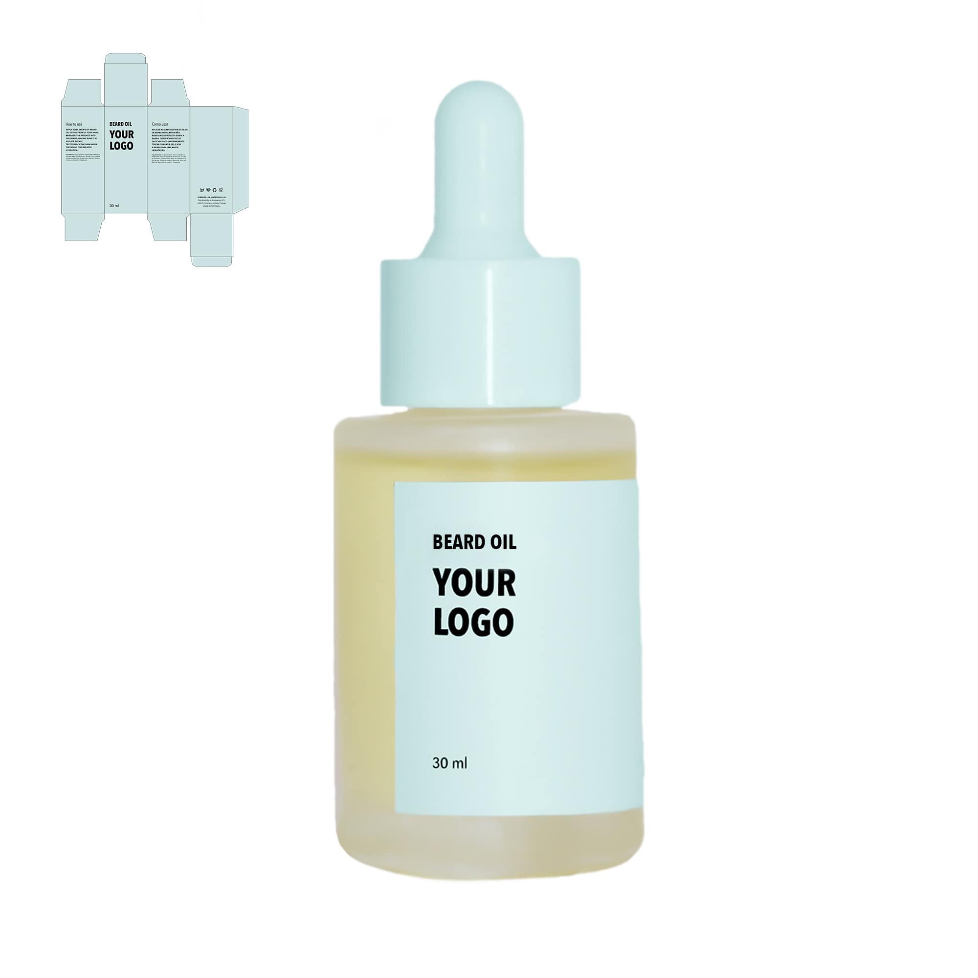 Custom Beard Oil made with argan with blue packaging by a private label cosmetic manufacturer in Europe.