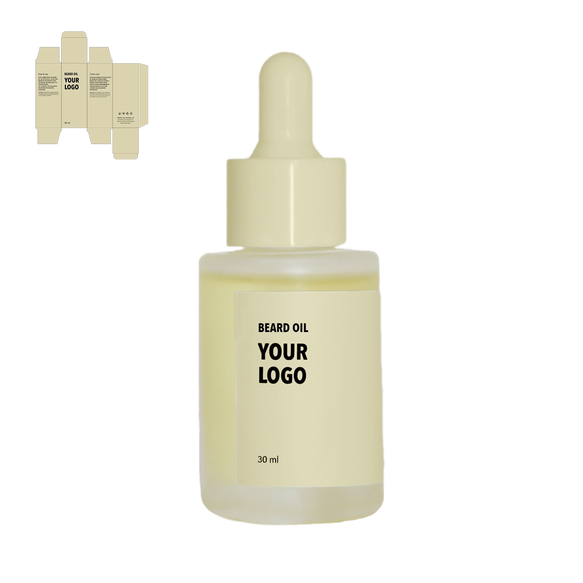 Custom Beard Oil with yellow packaging by a private label cosmetic manufacturer in Europe. Argan Oil.