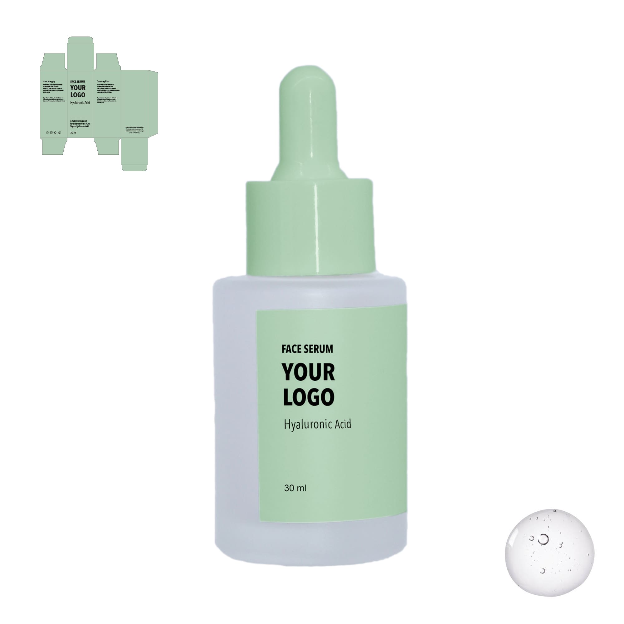 Custom Face Serum Hyaluronic Acid with green label by a private label cosmetic manufacturer in Europe