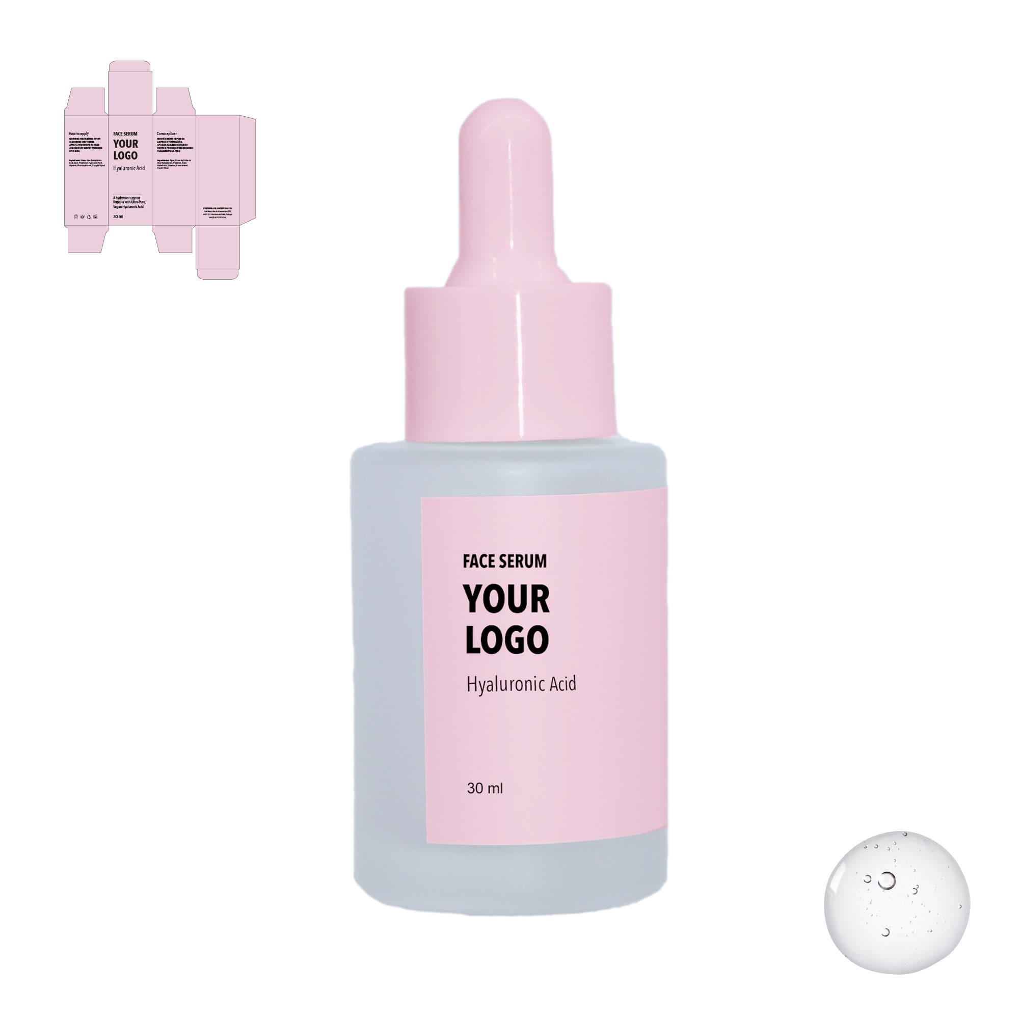 Custom Face Serum Hyaluronic Acid with pink label by a private label cosmetic manufacturer in Europe