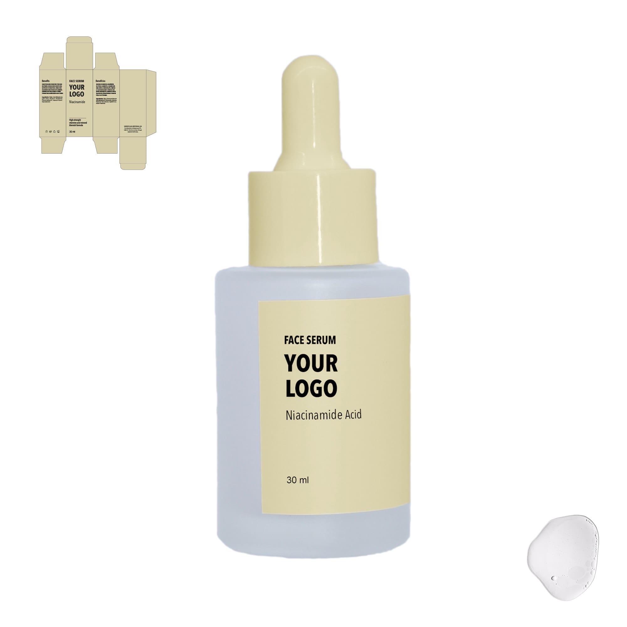 Custom Face Serum Niacinamide with yellow label by a private label cosmetic manufacturer in Europe