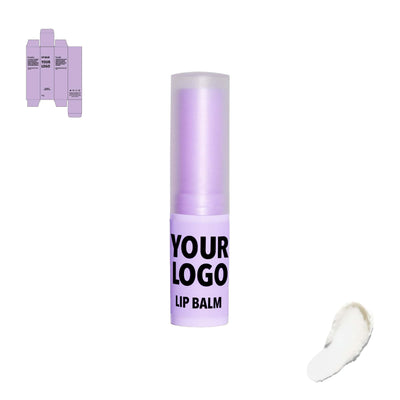 Custom Natural Lip Balm by a private label cosmetic manufacturer in Europe. Vegan and cruelty free. Purple packaging.