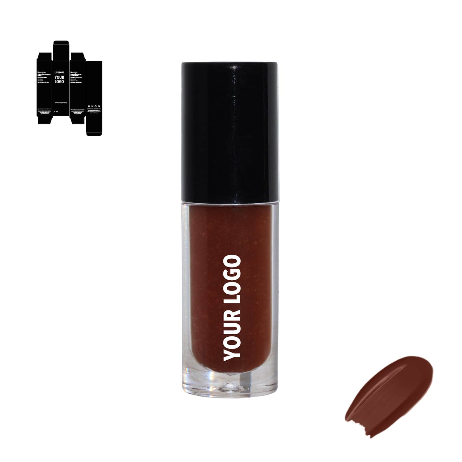Custom lip gloss with brown shade and black packaging by a private label cosmetic manufacturer in Europe