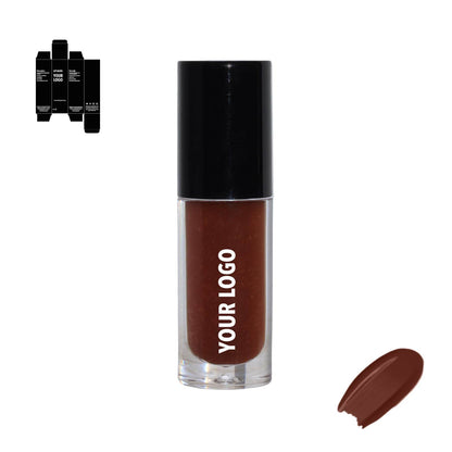 Custom lip gloss with brown shade and black packaging by a private label cosmetic manufacturer in Europe