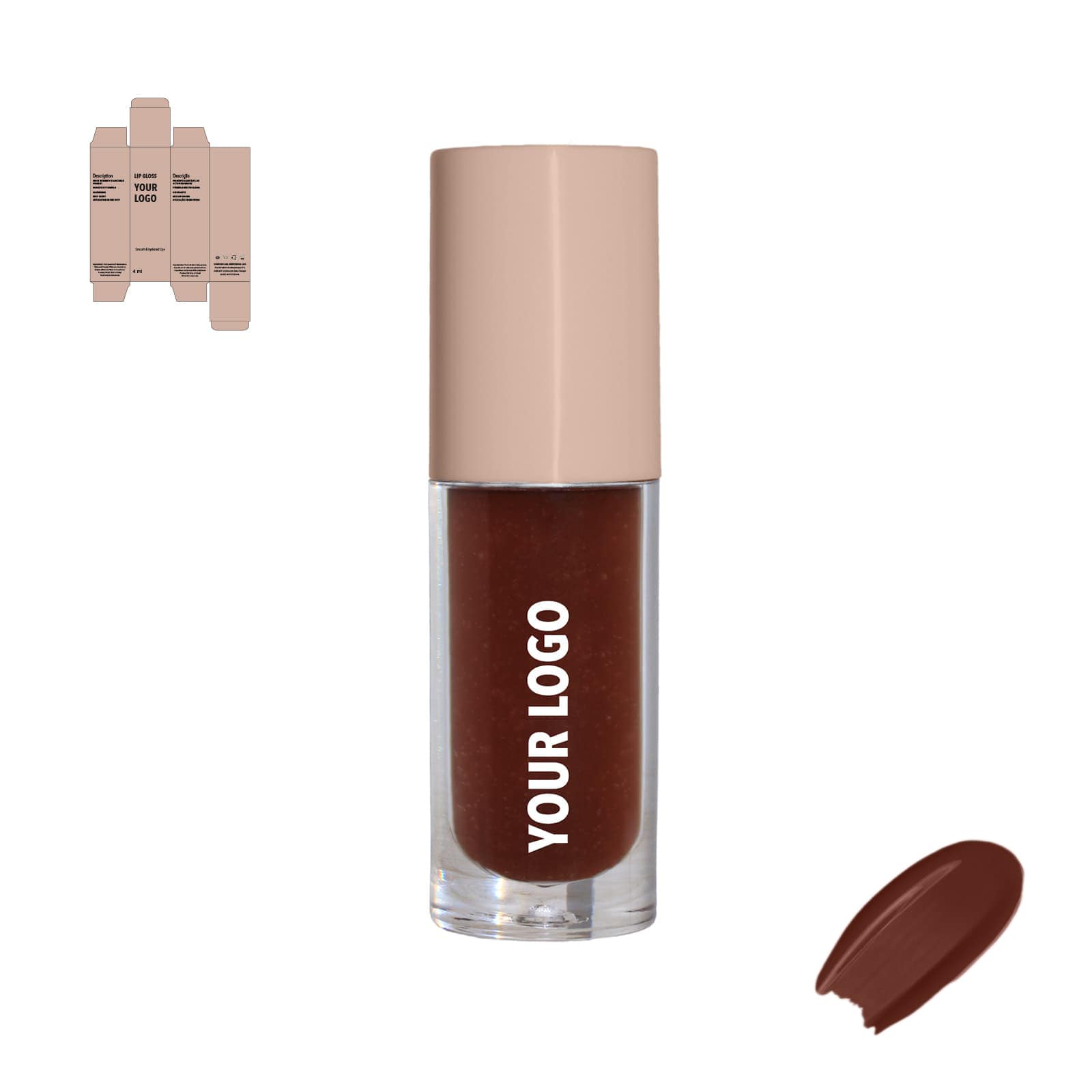 Custom lip gloss with brown shade and brown packaging by a private label cosmetic manufacturer in Europe