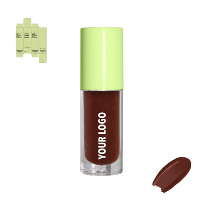 Custom lip gloss with brown shade and green packaging by a private label cosmetic manufacturer in Europe