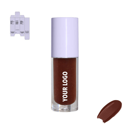 Custom lip gloss with brown shade and purple packaging by a private label cosmetic manufacturer in Europe