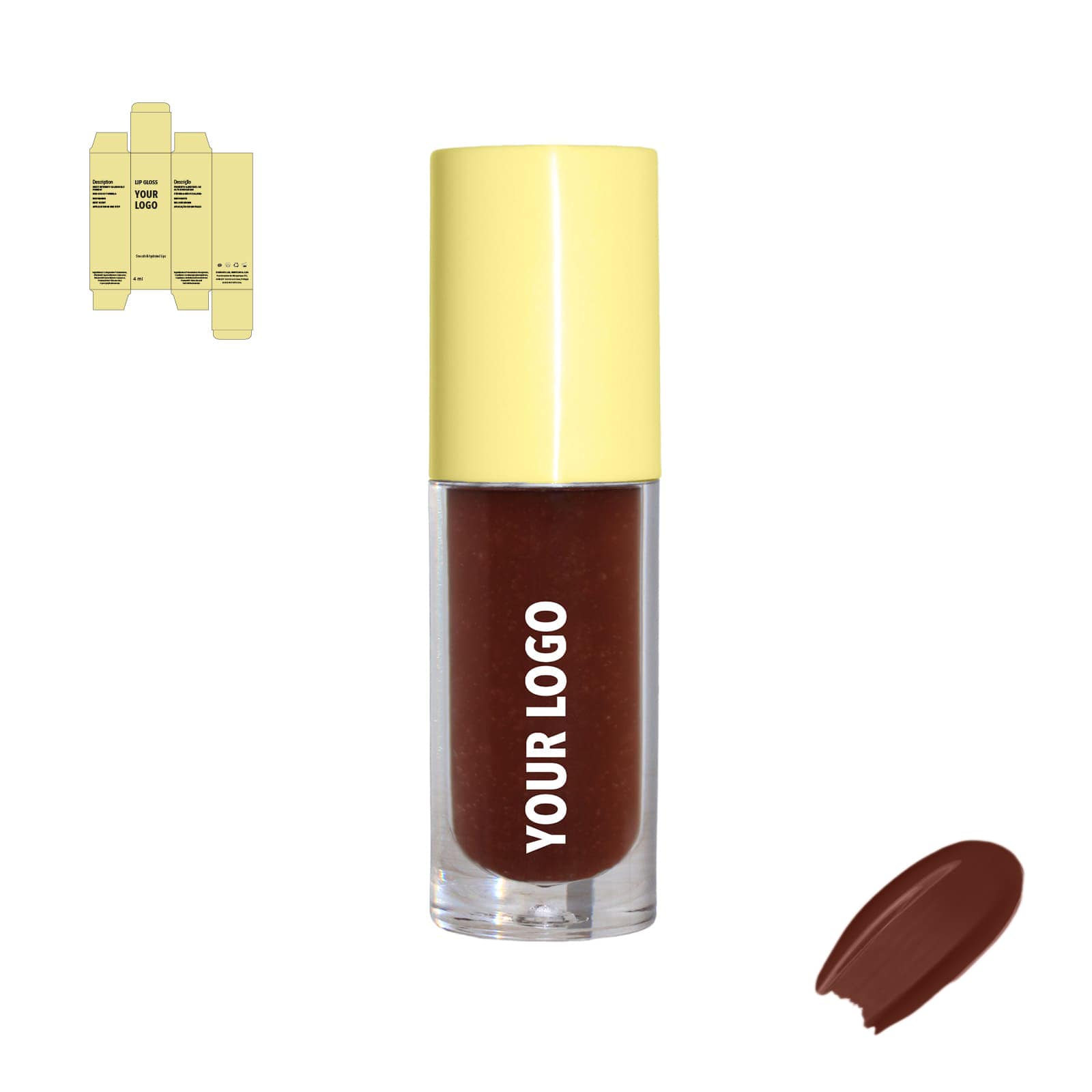 Custom lip gloss with brown shade and yellow packaging by a private label cosmetic manufacturer in Europe