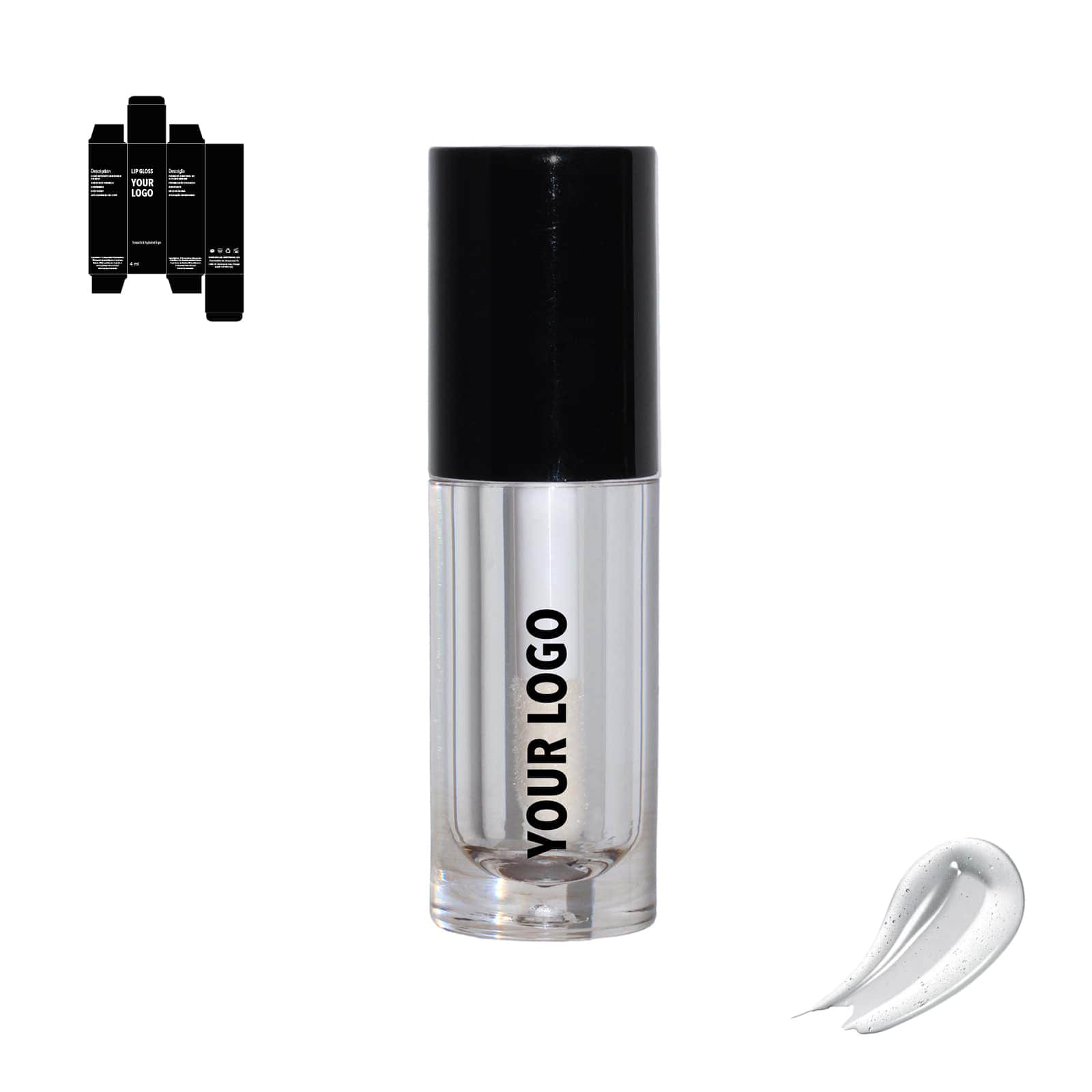Custom lip gloss with clear shade and black packaging by a private label cosmetic manufacturer in Europe