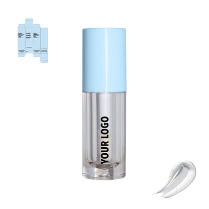 Custom lip gloss with clear shade and blue packaging by a private label cosmetic manufacturer in Europe