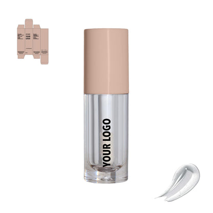 Custom lip gloss with clear shade and brown packaging by a private label cosmetic manufacturer in Europe