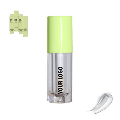 Custom lip gloss with clear shade and green packaging by a private label cosmetic manufacturer in Europe