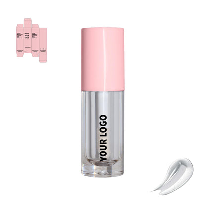 Custom lip gloss with clear shade and pink packaging by a private label cosmetic manufacturer in Europe