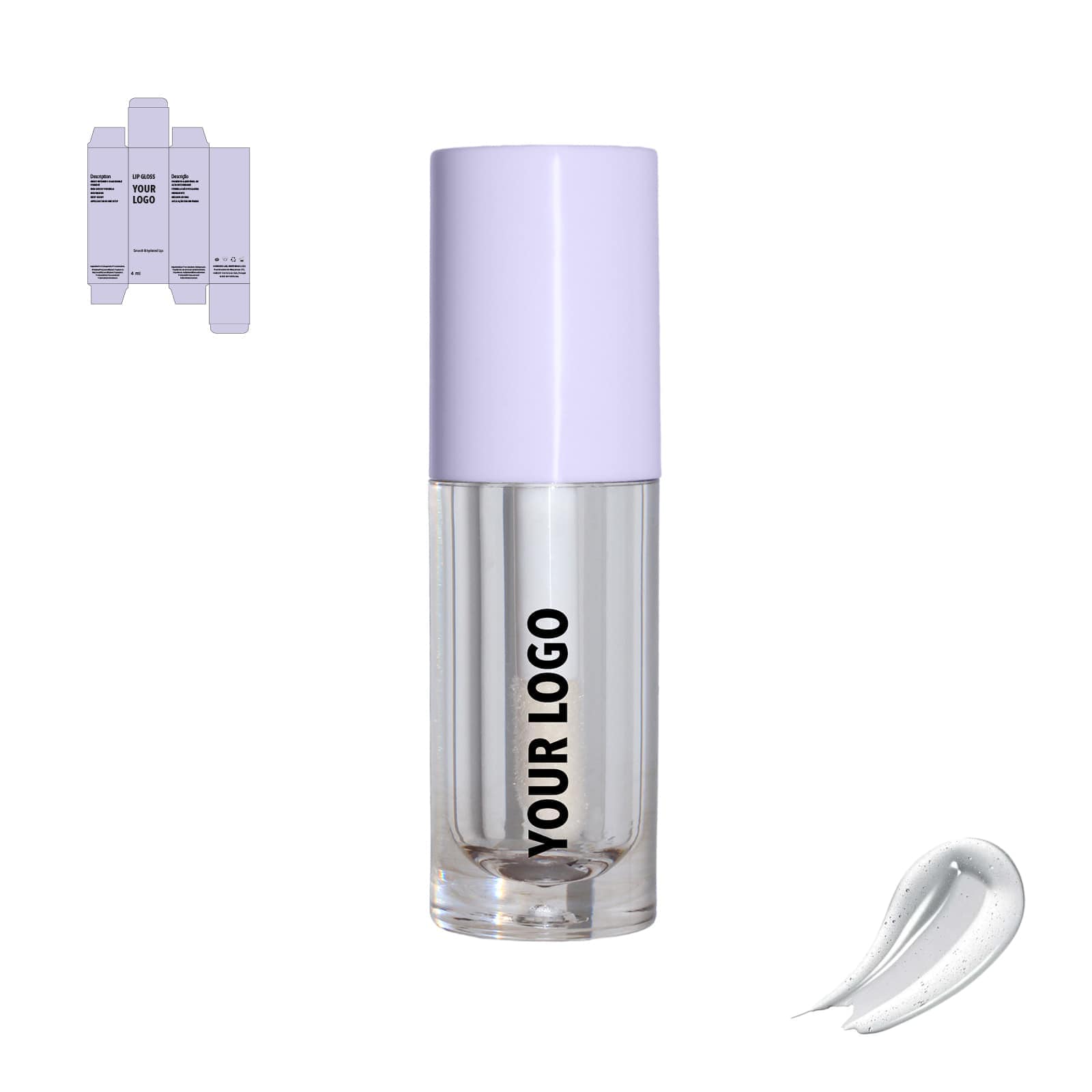 Custom lip gloss with clear shade and purple packaging by a private label cosmetic manufacturer in Europe