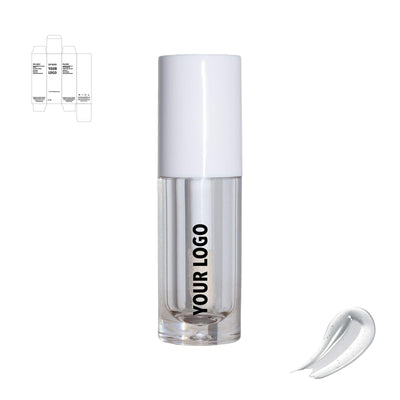 Custom lip gloss with clear shade and white packaging by a private label cosmetic manufacturer in Europe