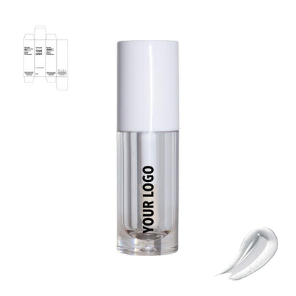 Custom lip gloss with clear shade and white packaging by a private label cosmetic manufacturer in Europe