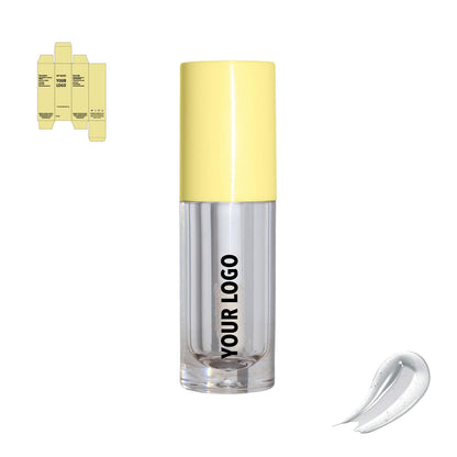 Custom lip gloss with clear shade and yellow packaging by a private label cosmetic manufacturer in Europe