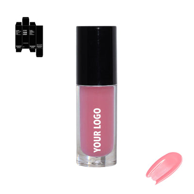 Custom lip gloss with pink shade and black packaging by a private label cosmetic manufacturer in Europe