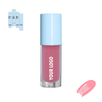 Custom lip gloss with pink shade and blue packaging by a private label cosmetic manufacturer in Europe