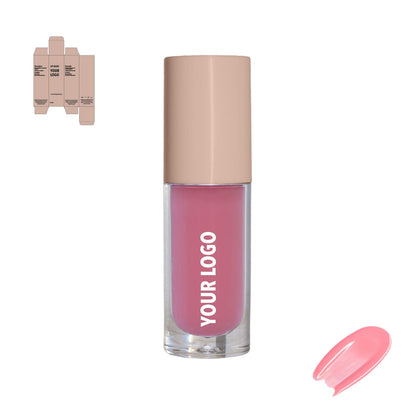 Custom lip gloss with pink shade and brown packaging by a private label cosmetic manufacturer in Europe