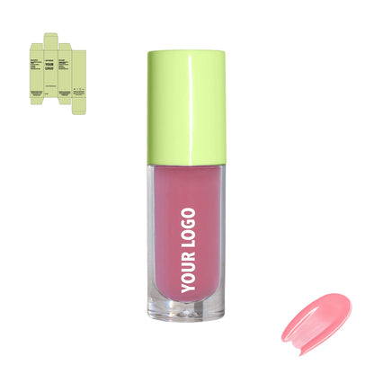 Custom lip gloss with pink shade and green packaging by a private label cosmetic manufacturer in Europe