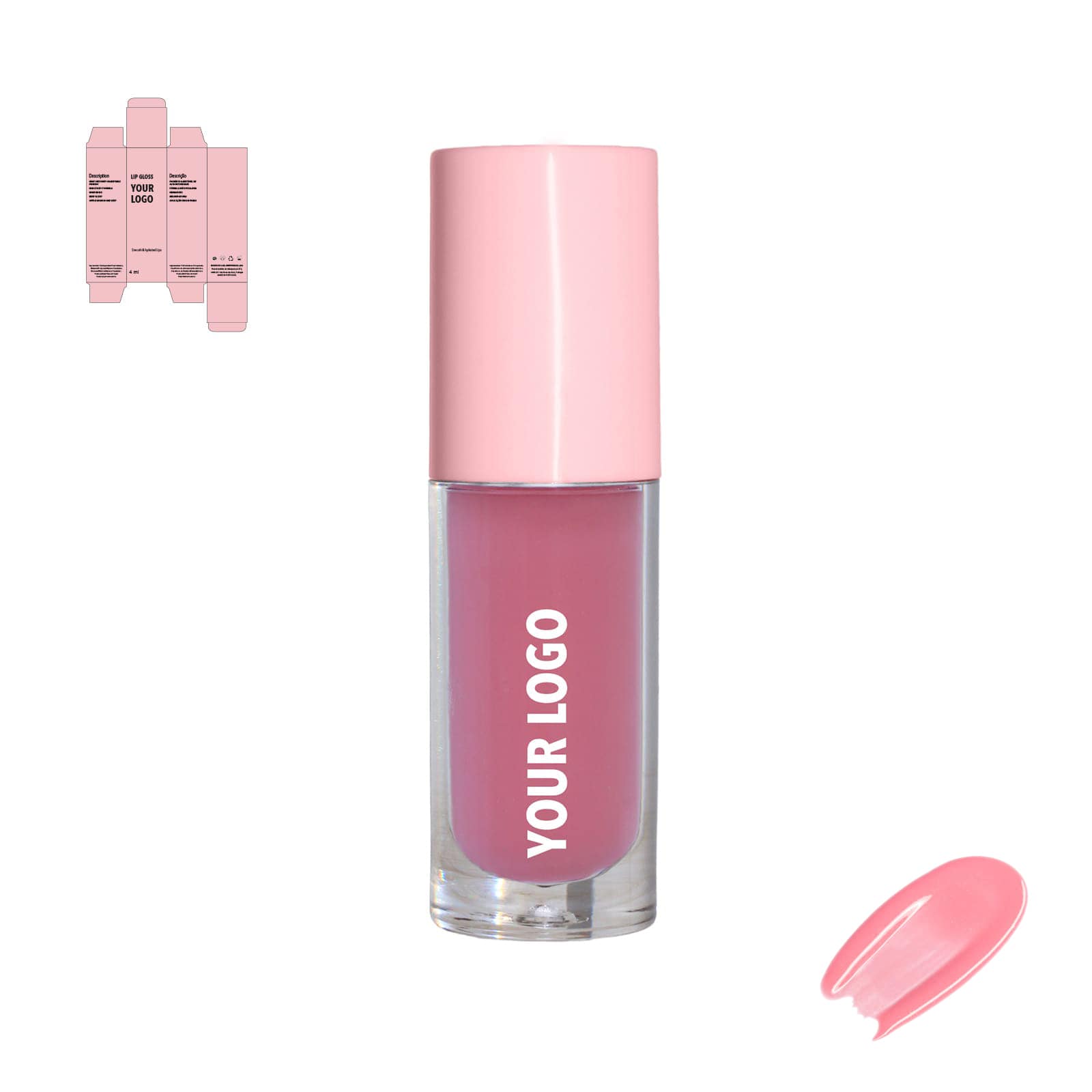 Custom lip gloss with pink shade and pink packaging by a private label cosmetic manufacturer in Europe