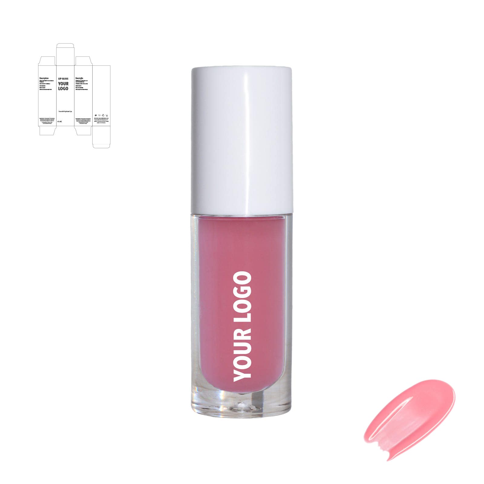 Custom lip gloss with pink shade and white packaging by a private label cosmetic manufacturer in Europe