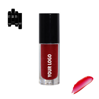 Custom lip gloss with red shade and black packaging by a private label cosmetic manufacturer in Europe
